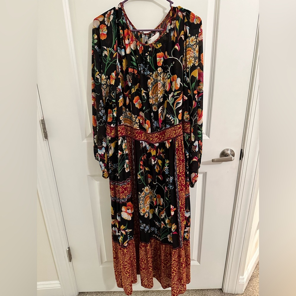 Anthropologie Floral Long Sleeve Dress - Black and Red